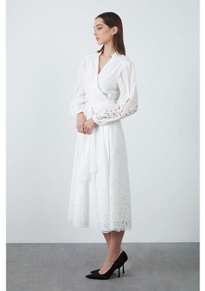 Kruvaze Pilise Detaylı Ekru Elbise modelleri