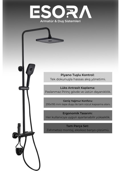 Piyano 5 Fonksiyonlu Gri Banyo Bataryalı Robot Duş Seti Tepe Duşu Duş Seti