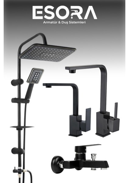 Siyah Lüx Robot Duş Seti , Lüx Kare Eviye , Lavabo , Banyo Bataryası 4’lü Set