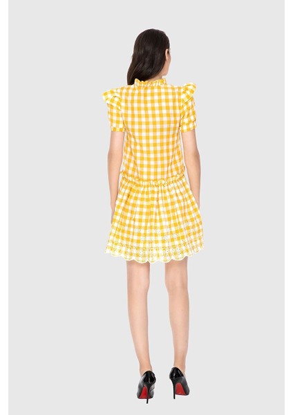 Omuzu Fırfırlı Eteği Işleme Detaylı Sarı Mini Elbise modelleri