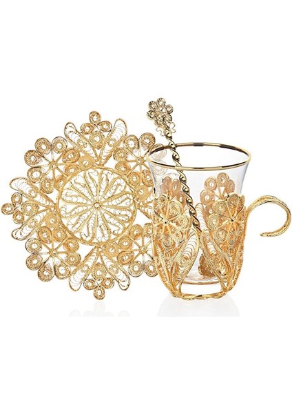 Zarafet Altın Kaplama 90ML 12PARÇA 6 Kişilik Kulplu Trabzon El Işçiliği Telkari Çay Takımı