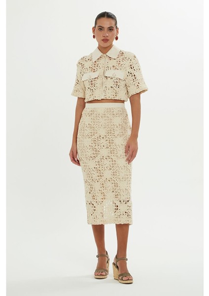 Yırtmaçlı Midi Ekru Kalem Etek