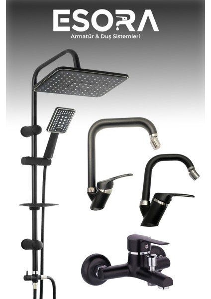 Siyah Robot Duş Seti , Siyah Krom Oynar Uçlu Eviye , Lavabo , Banyo Bataryası 4’lü Set