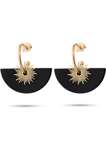 Jiji Gold Siyah Doğal Taşlı Altın Kaplama Çelik Kadın Küpe