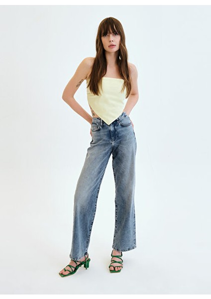 Açık Indigo Kadın Yüksek Bel Straight Denim Pantolon DT10030