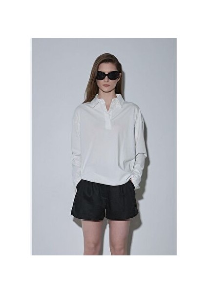 Ekru Polo Yaka Oversize Tişört