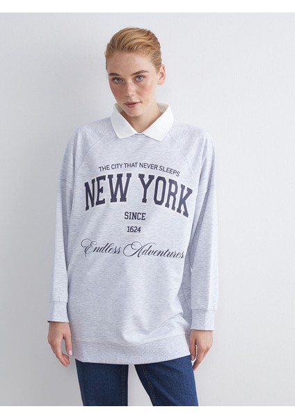 Yeni Sezon Gömlek Yaka Baskılı Oversize Kadın Sweatshirt Tunik