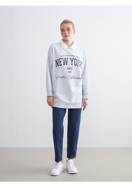 Yeni Sezon Gömlek Yaka Baskılı Oversize Kadın Sweatshirt Tunik modelleri