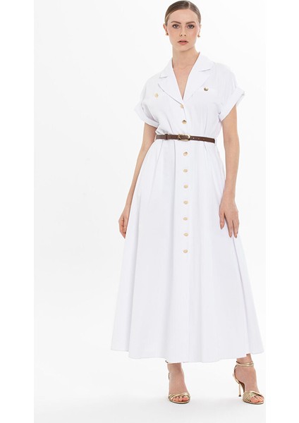 Kemerli Yarım Kollu Uzun Beyaz Elbise