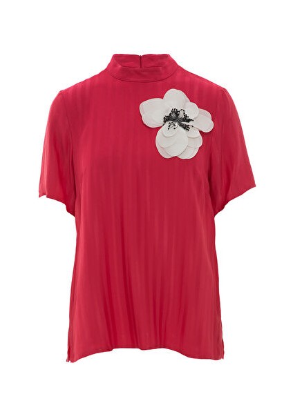 Kontrast Çiçek Detaylı Pembe Bluz