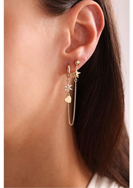 Taşlı Sallantılı Zincirli Yıldız Kalp Heritage Küpe