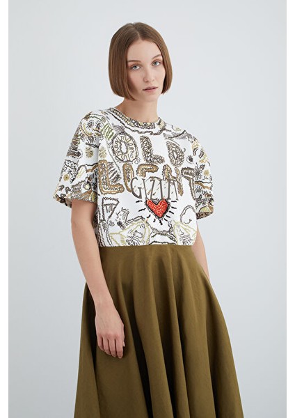 Yuvarlak Yakalı Kısa Kollu Işlemeli Asimetrik Yeşil Elbise fırsatları