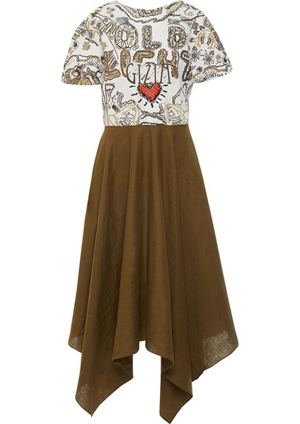 Yuvarlak Yakalı Kısa Kollu Işlemeli Asimetrik Yeşil Elbise