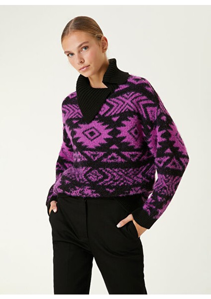 Dik Yaka Regular Fit Desenli Siyah - Fuşya Kazak Kadın TR-490