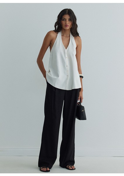 Ekru Serena Bağlamalı Keten Yelek Bluz
