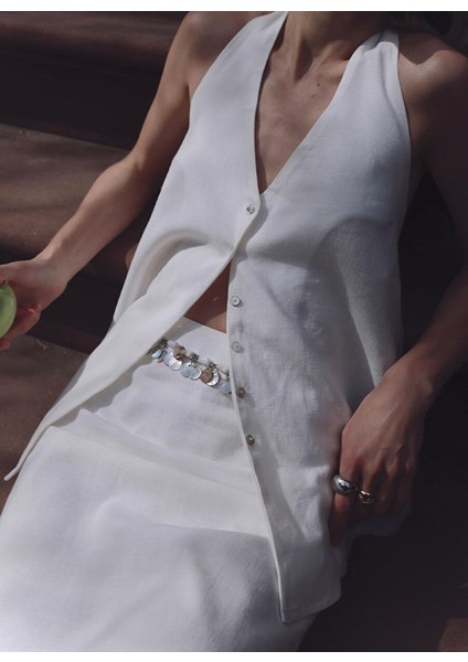 Ekru Serena Bağlamalı Keten Yelek Bluz fiyatları