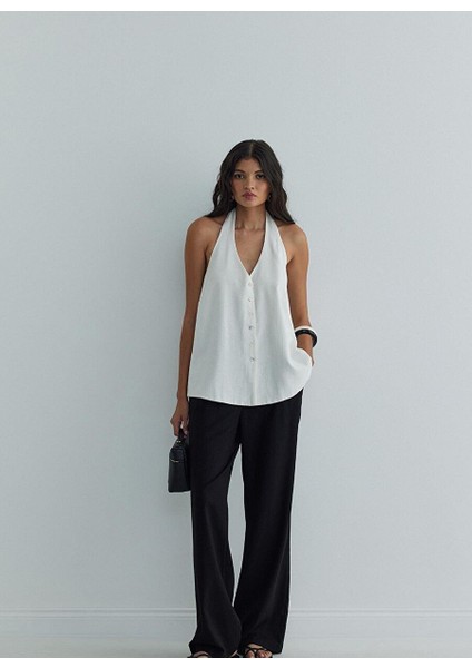 Ekru Serena Bağlamalı Keten Yelek Bluz indirimleri