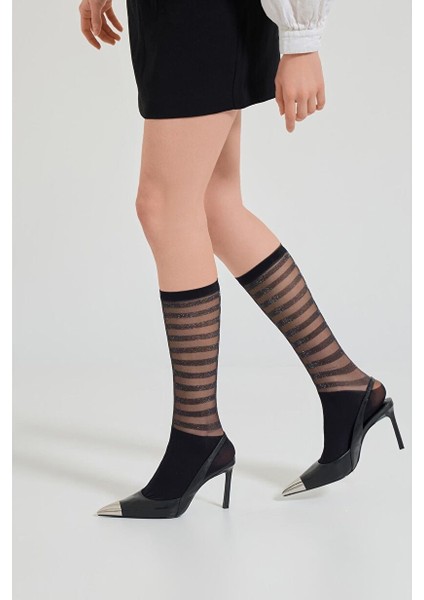 Kadın Simli Şerit Desenli Ince Dizaltı Çorap Siyah