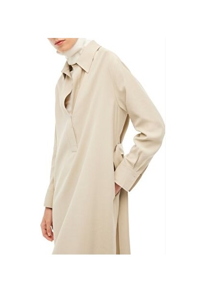 Bej Gömlek Yaka Midi Elbise