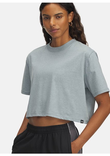 1389721-587-UA Rival Ss Mavi Bisiklet Crop Düz Kadın T-Shirt