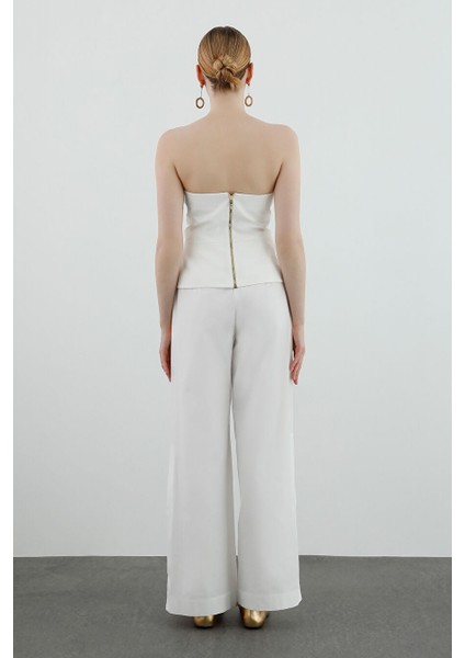 Düğme Detaylı Astarlı Ekru Straplez Bluz modelleri