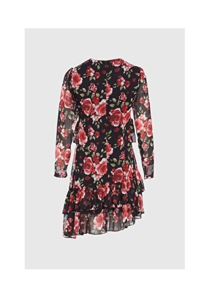 Fırfır Detaylı Gül Desenli Siyah Kısa Şifon Elbise modelleri