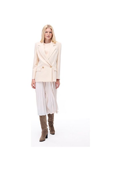 Seras Rahat Kalıp Standart Boy Takma Kol Ceket Yaka Bej Ceket