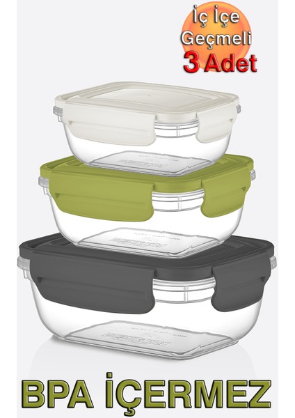 Fresh Box Kilitli Dikdörtgen Saklama Kabı (400,800,1400 Ml) (Üçlü Set)