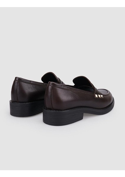 %100 Hakiki Deri Kahverengi Zımba Detaylı Kadın Loafer modelleri