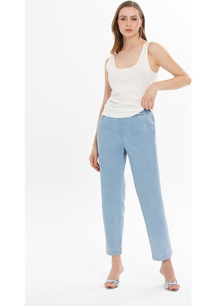 Beli Lastikli Bilekte Mavi Jean Pantolon