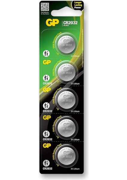 Batteries CR2032, 5'li Kartela, Lityum Düğme Pil, 3 Volt