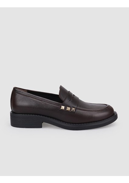 %100 Hakiki Deri Kahverengi Zımba Detaylı Kadın Loafer