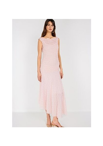 Pembe Asimetrik Dantel Elbise