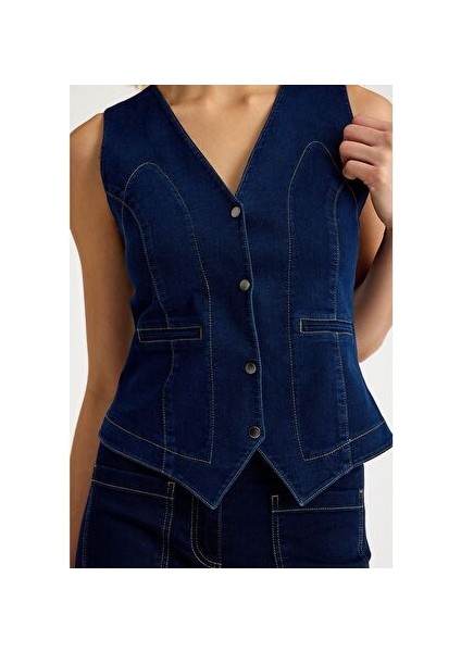 Koyu Indigo Mavi Denim Yelek modelleri