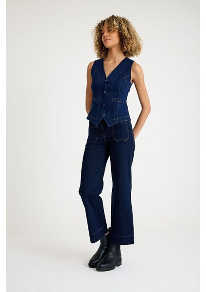 Koyu Indigo Mavi Denim Yelek fırsatları