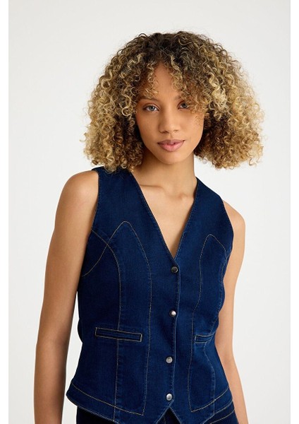 Koyu Indigo Mavi Denim Yelek fiyatları