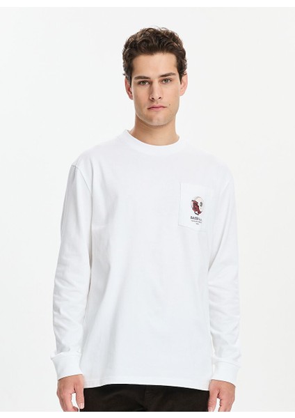Beyaz Kask Baskılı Uzun Kollu T-Shirt
