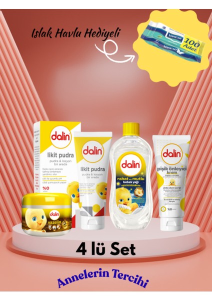 Likit Pudra + Bebek Yağı + Vazelin + Pişik Kremi | Islak Havlu Hediyeli | 4’lü Set