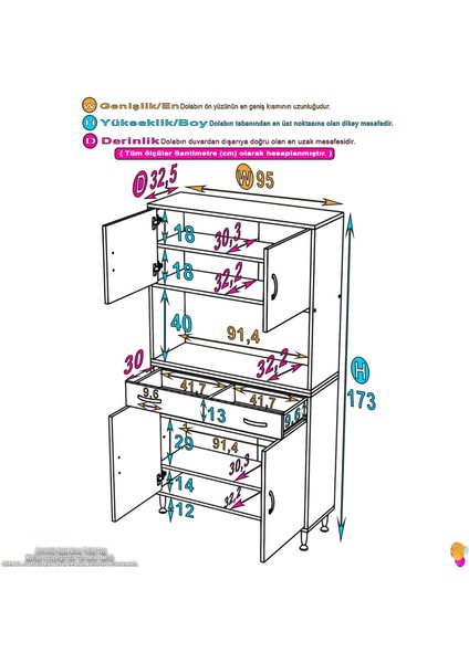 Aster Mutfak Ve Banyo Dolabı Tek Çekmece 4 kapak ve 6 raflı Çok Amaçlı Dolap 95x173x32,5 cm fırsatları