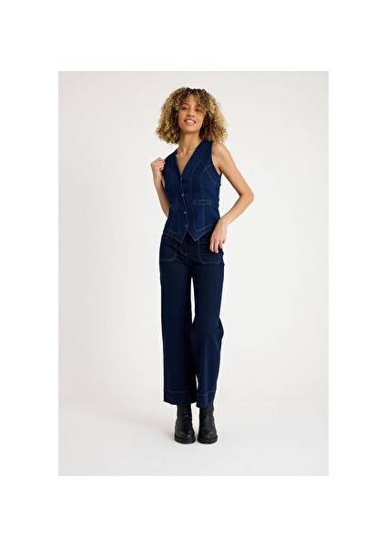 Koyu Indigo Mavi Denim Yelek indirimleri
