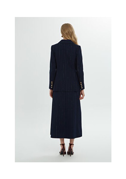 Kolları Gold Düğme Detaylı Kruvaze Çizgili Lacivert Ceket fırsatları