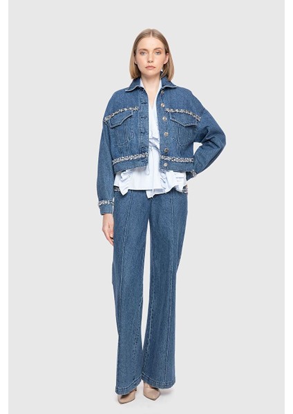 Püskül Şerit Detaylı Mavi Jean Ceket