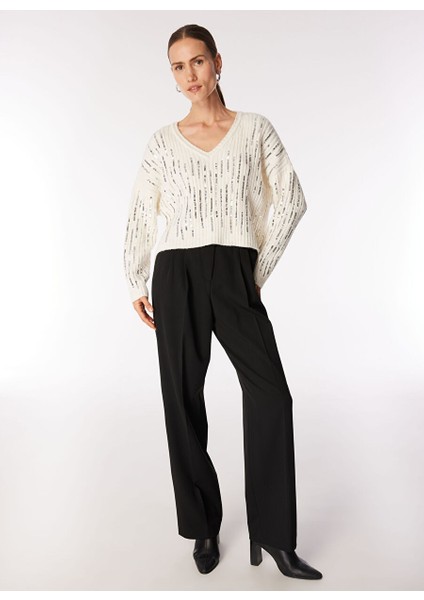Kadın Ekru V Yaka Payetli Kazak F4WL-KZK0609 fiyatları