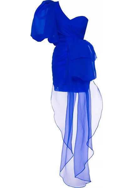 Saks Mavisi Tül Tek Kol Kısa Elbise