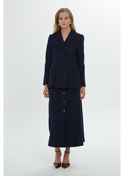 Kolları Gold Düğme Detaylı Kruvaze Çizgili Lacivert Ceket