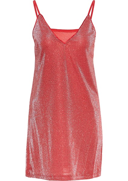 Kırmızı Pul Payet Kolsuz Kısa Elbise