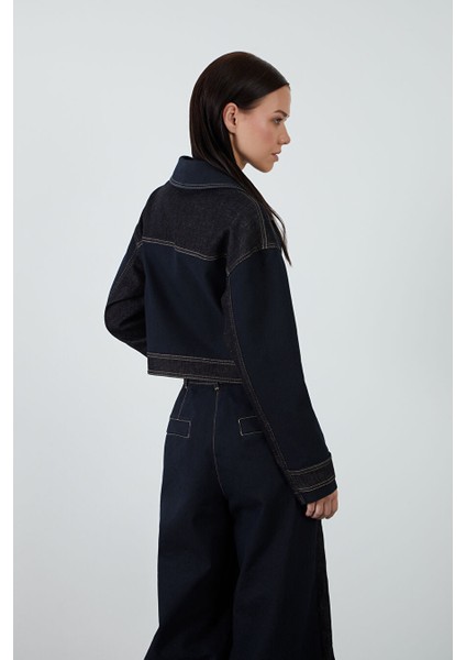 Garni Detaylı Mavi Crop Jean Ceket modelleri