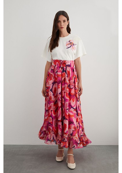 Etek Ucu Volanlı Desenli Şifon Etek