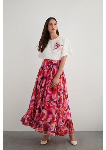 Etek Ucu Volanlı Desenli Şifon Etek fiyatları