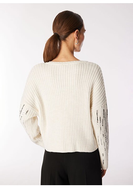 Kadın Ekru V Yaka Payetli Kazak F4WL-KZK0609 fırsatları